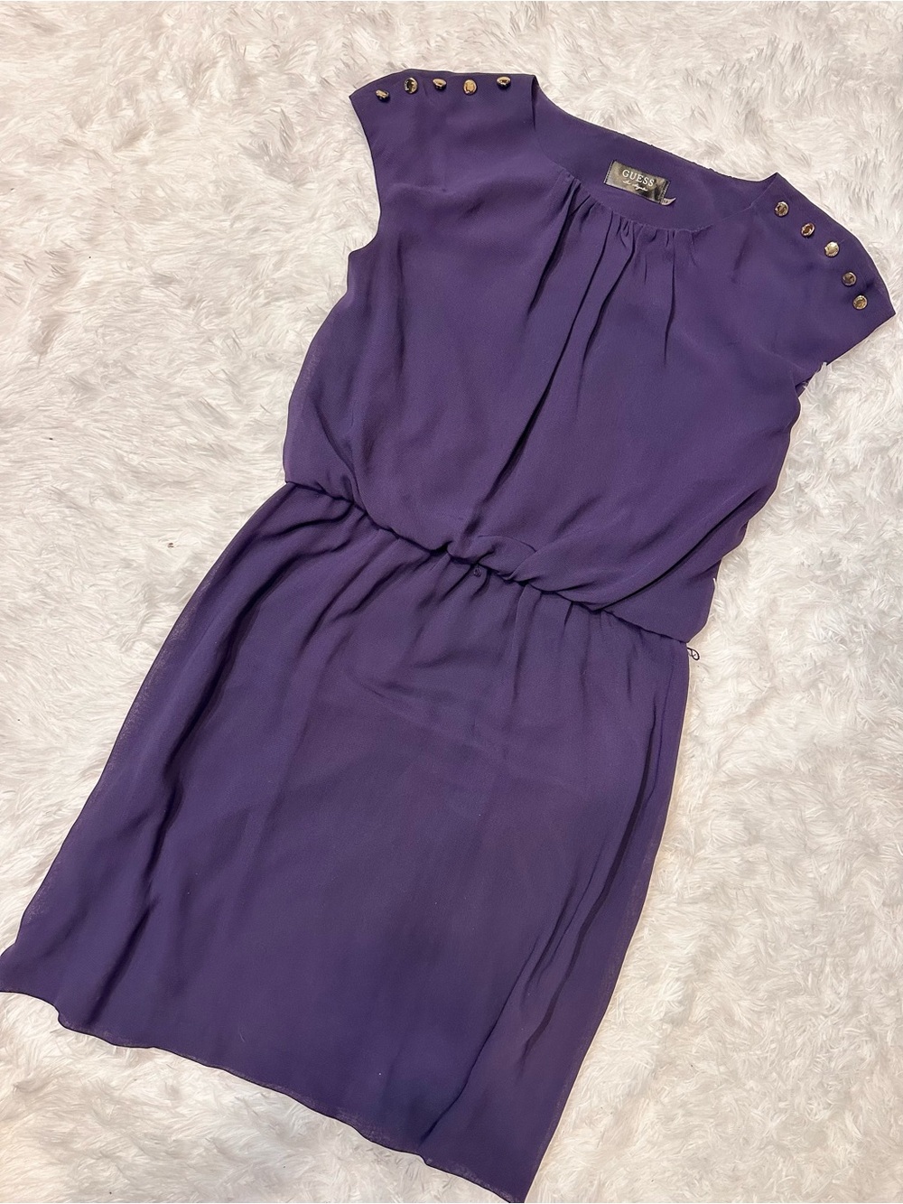 Guess Purple Cap-Sleeve Blouson Dress with Gold Buttons